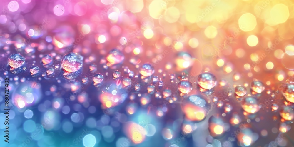 Abstract visualization of water droplets, emphasizing their clarity, purity, and the way they refract light, using a spectrum of colors against a bright, luminous background, ai generated