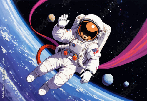 a painting of an astronaut floating in space