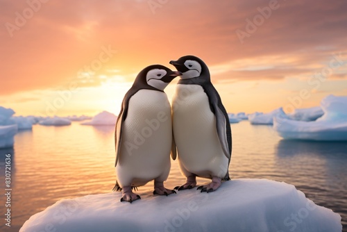 two penguins standing on an iceberg