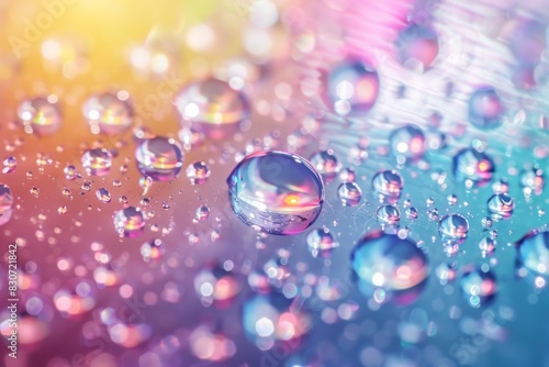 Abstract visualization of water droplets, emphasizing their clarity, purity, and the way they refract light, using a spectrum of colors against a bright, luminous background, ai generated