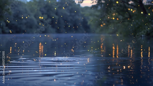 There are many fireflies over a pond on a summer night. photo
