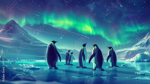 A group of penguins standing on an ice floe in the Arctic. The penguins are looking at the aurora borealis in the sky.