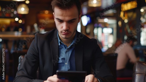 Fortunate internet poker player at cafe with tablet indulging in game Young man in black suit and blue shirt Real money websites and online gaming theme photo