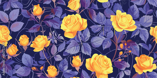 Seamless floral pattern with yellow roses on violet background. Abstract trendy spring  summer print dress pattern. Beautiful multicolored floral motif. Hand drawn wildflowers flat illustration