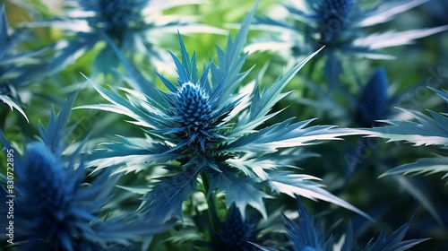 Close-up of the sunlit  spiky leaves of a sea holly  their blue-green color representing uniqueness and coastal resilience.