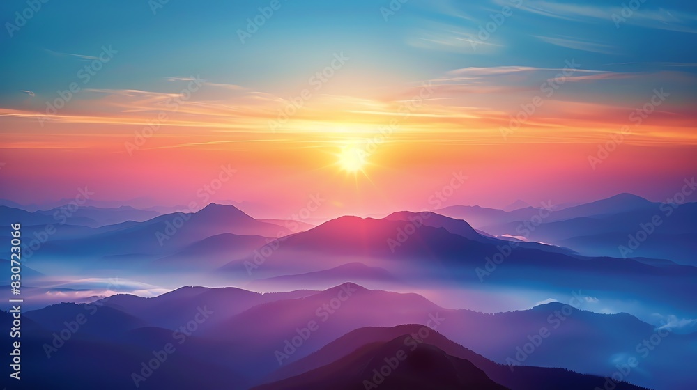 Amazing mountain landscape with vibrant colors. The setting sun casts a pink and purple glow on the peaks and clouds. Amazing mountain landscape with vibrant colors. The setting sun casts a pink and purple glow on the peaks and clouds.