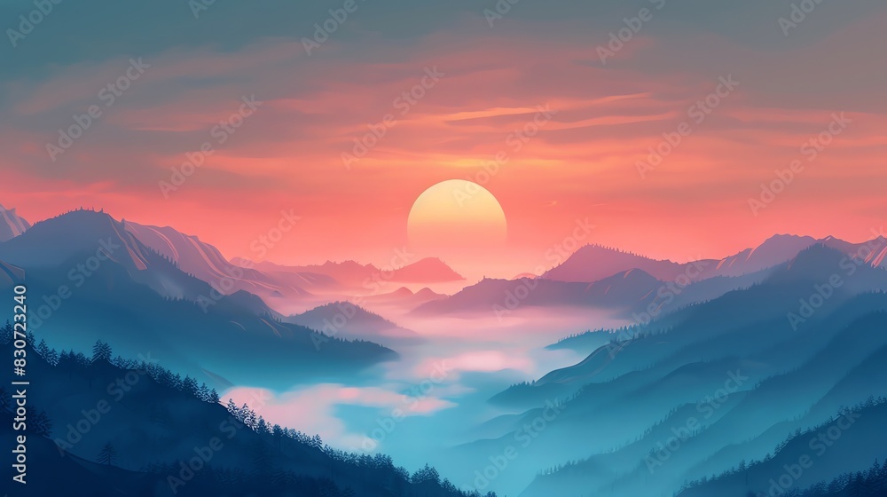 The setting sun casts a pink and purple glow on the mountain peaks and valley fog. The setting sun casts a pink and purple glow on the mountain peaks and valley fog.