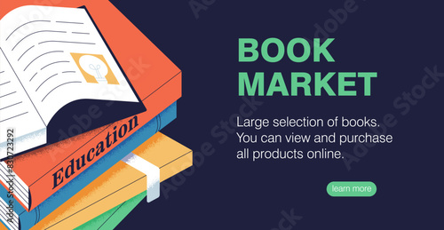 Book market, store, web banner design. Literature sale promo card background. Education template for online webpage. Bookstore, landing page template. Flat graphic vector illustration for website