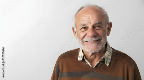 elderly man with a gentle and kind smile against white background. generative ai photo