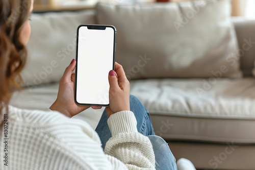 Woman using a Smart Phone with White Screen. Back view of Girl wear Jeans sitting in Living room using Mobile Phone Chroma Key Screen. Caucasian Young Female is watching, looking at WhiteScreen Phone