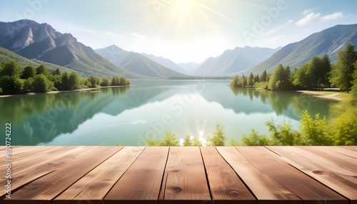 Table in font of a beautiful nature with plants  trees  sea  beach  mountains and lake with sunlight. Product display