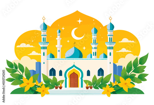 an illustration of a mosque surrounded by flowers