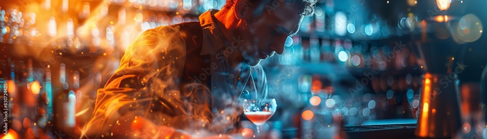 A bartender at a cocktail competition, focus on, skilled mixology theme, dynamic, double exposure, event stage backdrop A bartender at a cocktail competition, focus on, skilled mixology theme, dynamic, double exposure, event stage backdrop