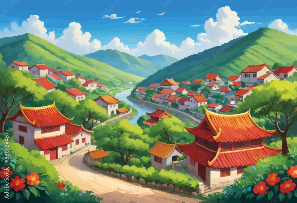 a painting of a village in the mountains a painting of a village in the mountains