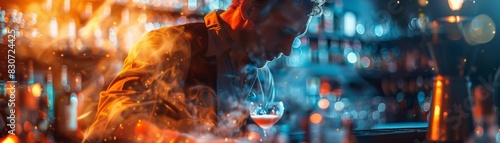 A bartender at a cocktail competition, focus on, skilled mixology theme, dynamic, double exposure, event stage backdrop