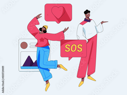 Virtual characters social communication concept business flat vector hand drawn illustration
