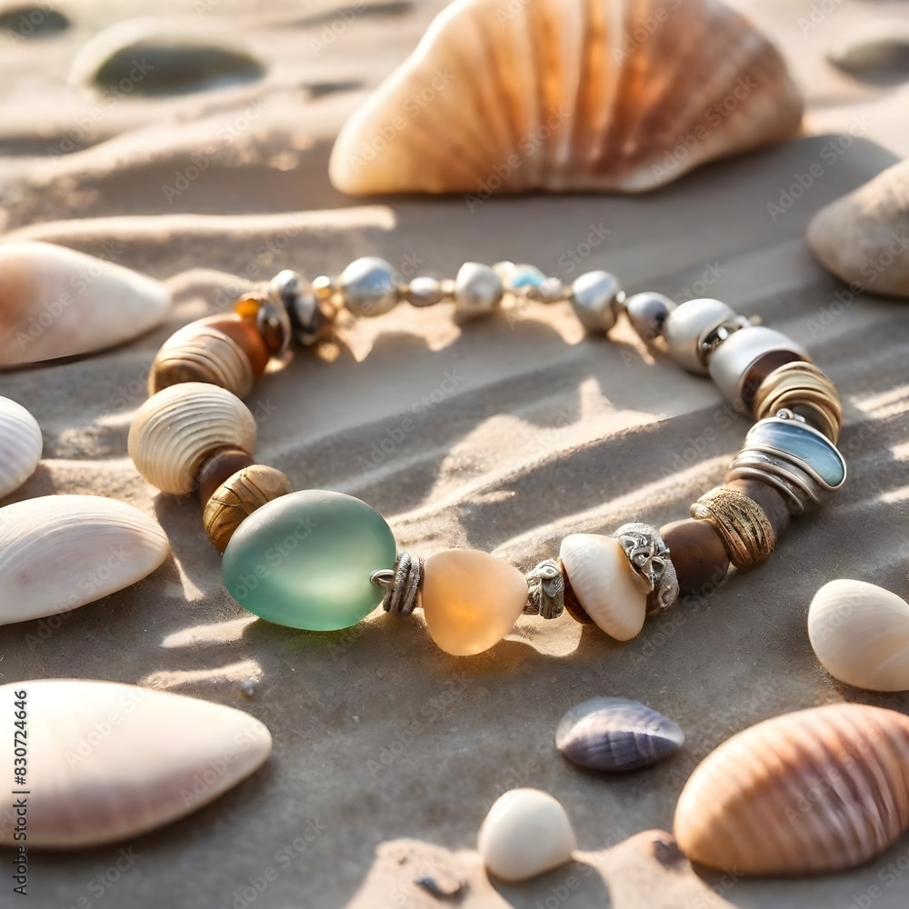 Handcrafted bracelets on driftwood at sunset, with seashells, sea glass, and sand, in warm, golden light Handcrafted bracelets on driftwood at sunset, with seashells, sea glass, and sand, in warm, golden light