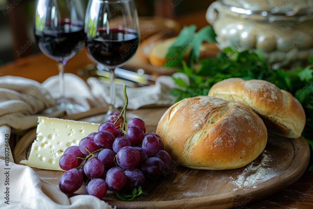 Round bread on a wooden table with cheese, grapes, and a glass of wine Round bread on a wooden table with cheese, grapes, and a glass of wine