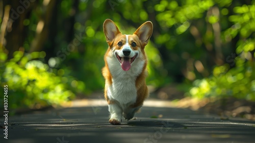 A cheerful Corgi standing on a paved path  surrounded by a lush  green park