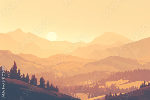 beautiful sunrise casting golden hues over a mountain range with silhouetted trees in the foreground