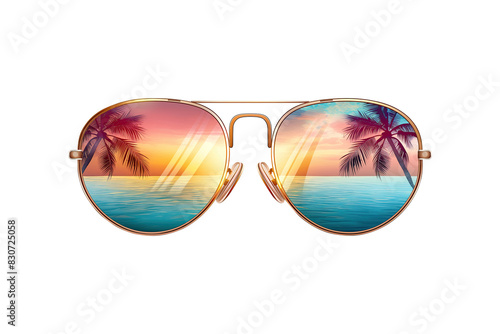 Sunglasses with beach and sea pattern. Reflection of sunset on the sea with palm trees, transparent background in glasses glasses. High quality 