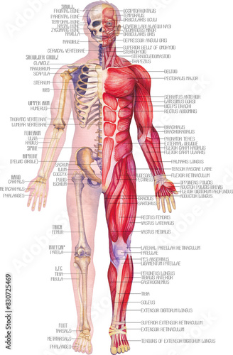 Detailed watercolor illustration of a male human anatomy showing skeletal and muscular systems.
