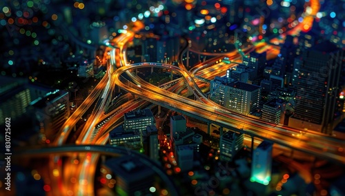 Aerial view of city at night with highway network, long exposure shot, tiltshift effect.
