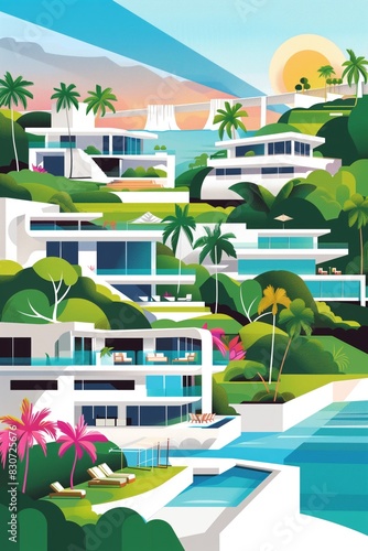 Illustration 2d de plusieurs élégantes demeures style Miami. A flat illustration of many elegant Miami mansions.