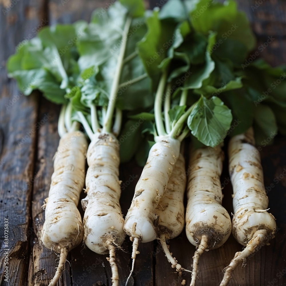 Freshly Harvested Organic Parsnips with Green Leaves Freshly Harvested Organic Parsnips with Green Leaves