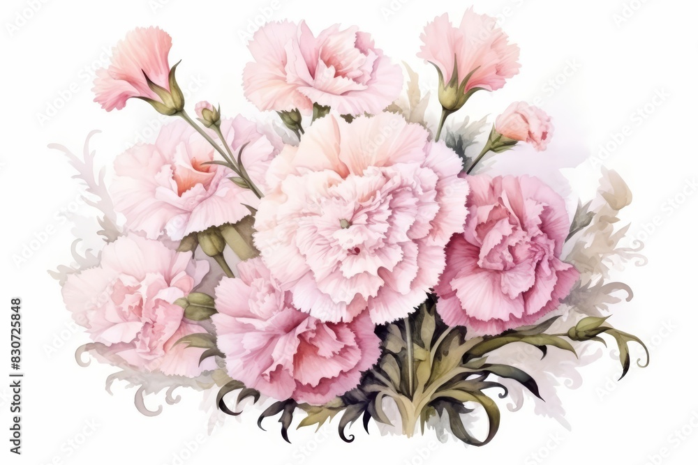 A cute water color of a carnation, in soft pink shades, arranged in a delicate bouquet, on a vintage tea table, Clipart isolated on white