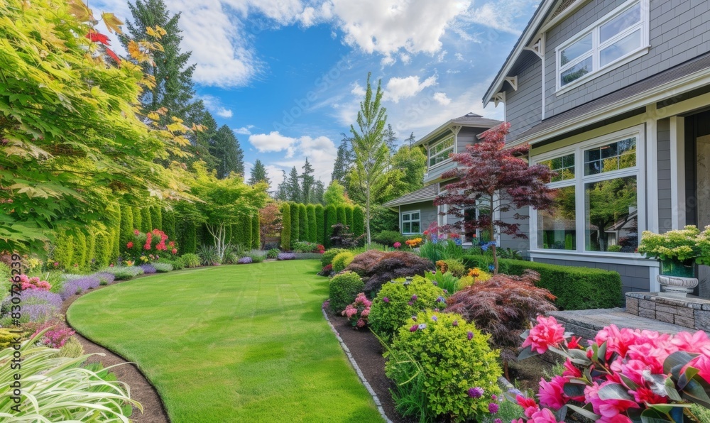 Fototapeta premium Manicured lawns, colorful flowers. and trimmed hedgerows