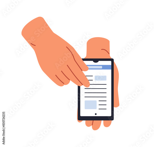 Hand holding smartphone, scrolling, reading. Finger on mobile phone screen with news article, online media. Internet information on cell display. Flat vector illustration isolated on white background