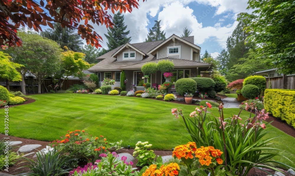 Fototapeta premium Manicured lawns, colorful flowers. and trimmed hedgerows