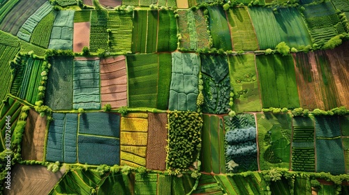 Overhead view of uniquely patterned cultivation areas, presenting a tapestry of agricultural diversity. The fields are arranged in complex designs, with each section featuring different crops and © Thanyaporn
