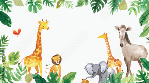 Watercolor illustration Safari animals and leaves fra