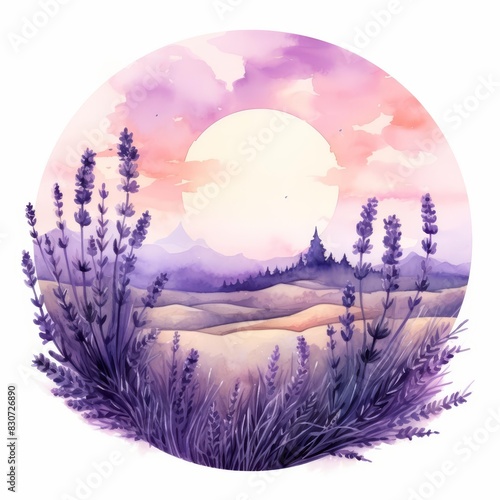 A cute water color of lavender  with fragrant purple spikes  in a dreamy landscape  under a twilight sky  Clipart isolated on white