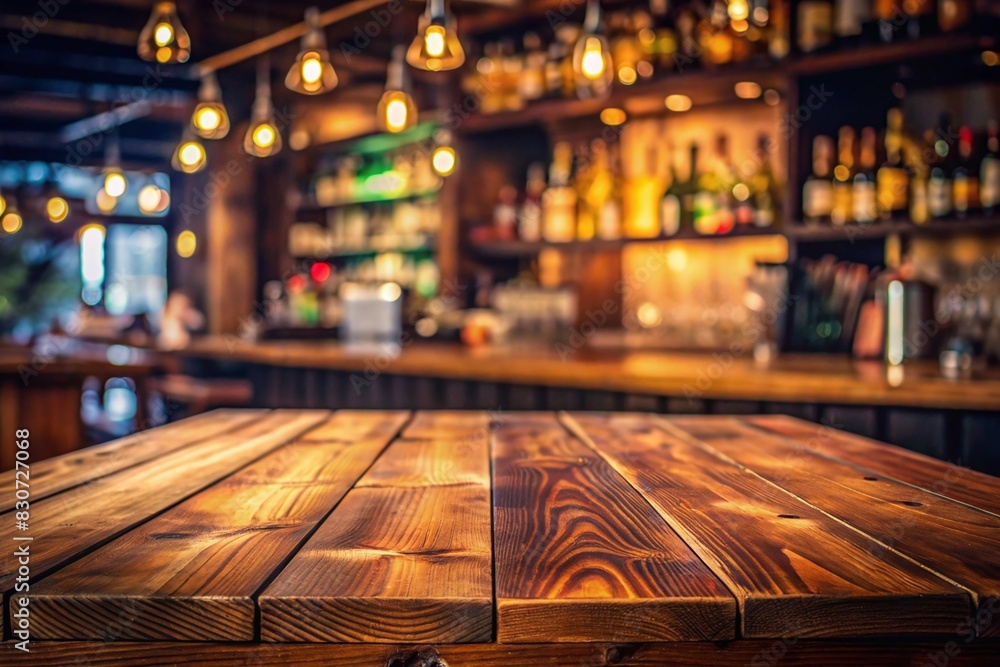 Wooden top with blurred empty cafe bar background can be used for mocking up or display product to make advertising.