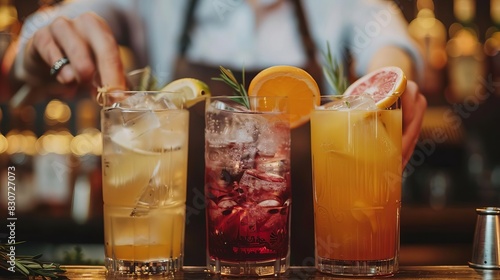 A bartender showing cocktail recipes, close up, educational moment theme, realistic, overlay, bartending school backdrop