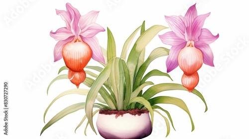 A kawaii water color of a pseudobulb, storing nutrients, on an orchid plant, Clipart isolated on white photo