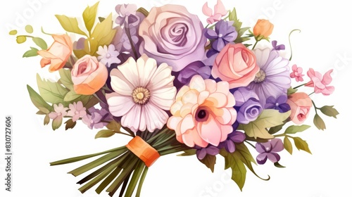 A kawaii water color of a bouquet  filled with colorful flowers  wrapped in rustic paper  Clipart isolated on white