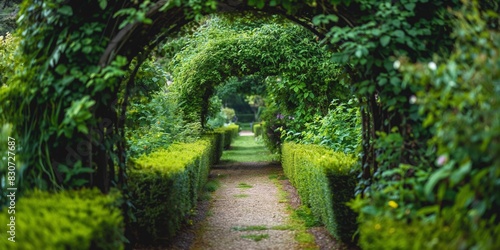 Tranquil garden pathway lined with greenery, leading through an enchanting archway.