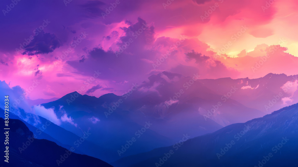 Fototapeta premium A dramatic and colorful sunset illuminates a mountain range. The sky is filled with vibrant hues of pink, purple, and blue, creating a breathtaking vista.