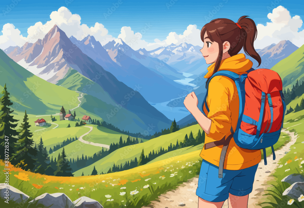 a girl with a backpack is looking at the mountains a girl with a backpack is looking at the mountains