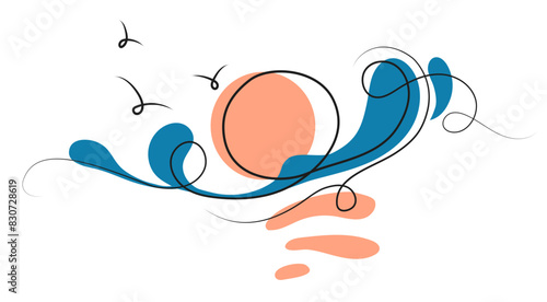 Sun and waves Abstract minimalistic line drawing. Sunset Minimal art. Seascape abstract art. Sun and splashes of waves modern print, tattoo design, design element decoration. Vector illustration
