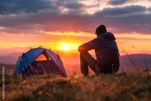 Man Traveler Enjoying Sunset Alone in Mountains  Outdoor Camping Adventure