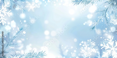 Blue winter background with snow, snowflakes, bokeh. Random falling snow flakes wallpaper. Snowfall many dust freeze granules. Sky white teal blue backdrop. Christmas poster. Xmas cian colored banner photo
