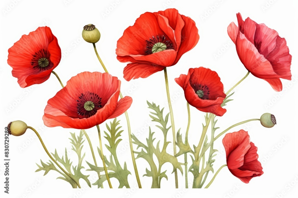 Fototapeta premium A water color of a poppy, with vibrant red petals, blooming in a wild meadow, Clipart isolated on white