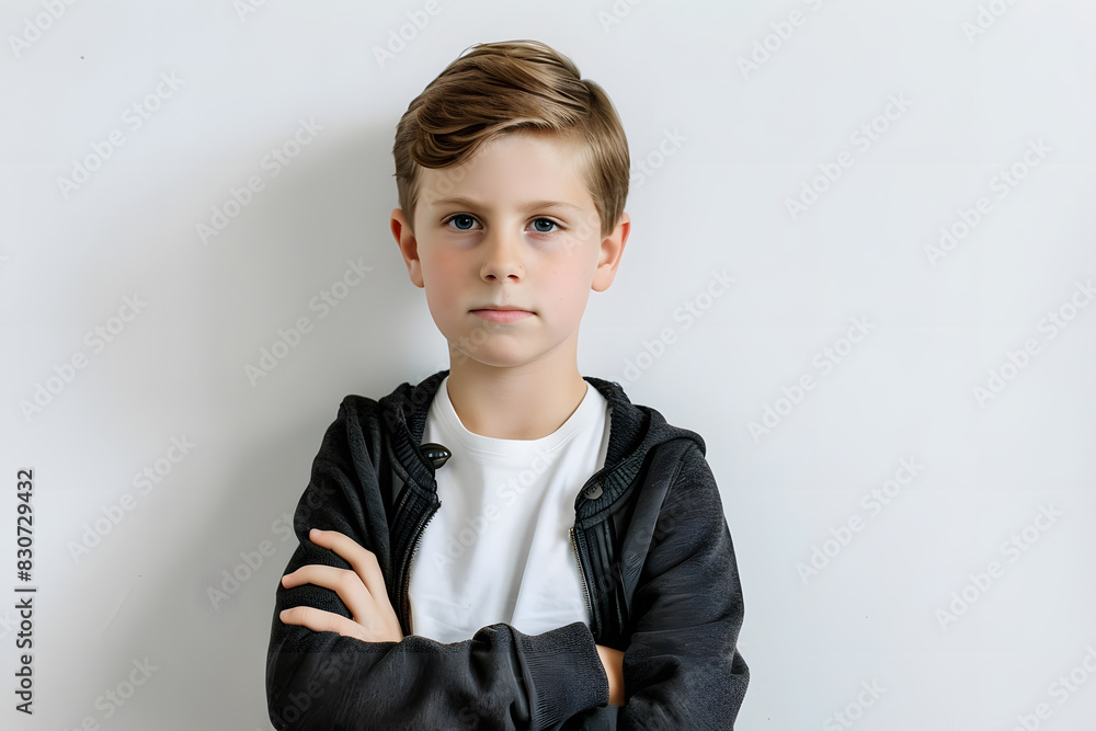 young boy looking proud and confident on white backdrop. generative ai young boy looking proud and confident on white backdrop. generative ai