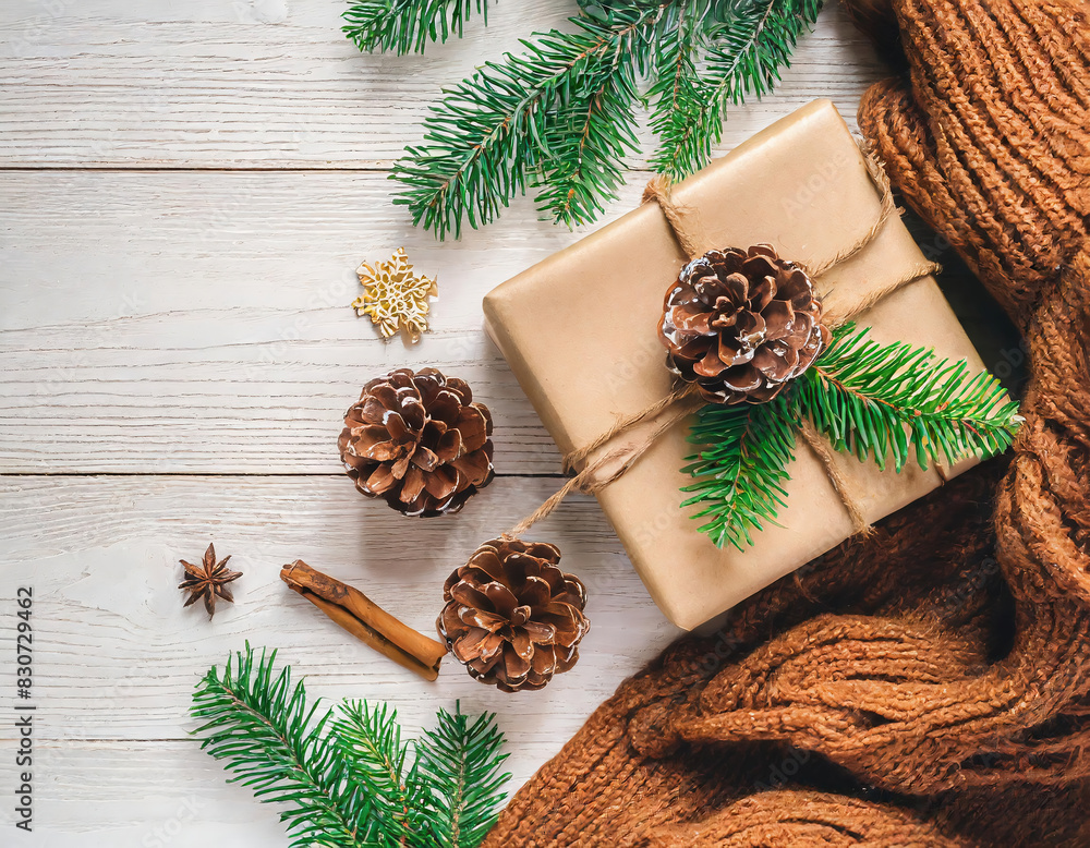 Christmas or New Year composition. Christmas gift, pine cones, cinnamon sticks, anise stars, scarf on white wooden background. Flat lay, top view, copy space Christmas or New Year composition. Christmas gift, pine cones, cinnamon sticks, anise stars, scarf on white wooden background. Flat lay, top view, copy space