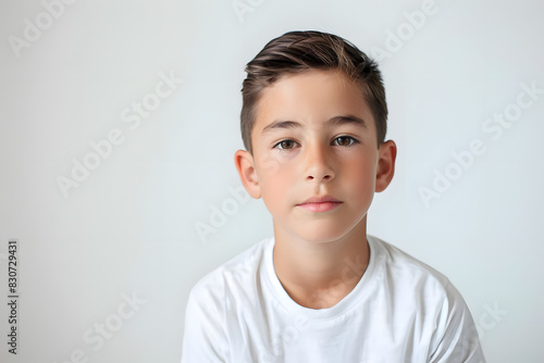 young boy looking proud and confident on white backdrop. generative ai